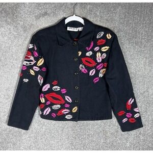ANAGE Long Sleeve Button Up Jacket Womens Size S Black LIPS Embroidered Beaded